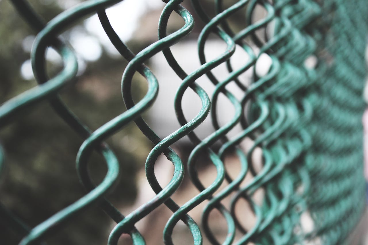 Artistic close-up of a green metallic wire fence, emphasizing pattern and texture.